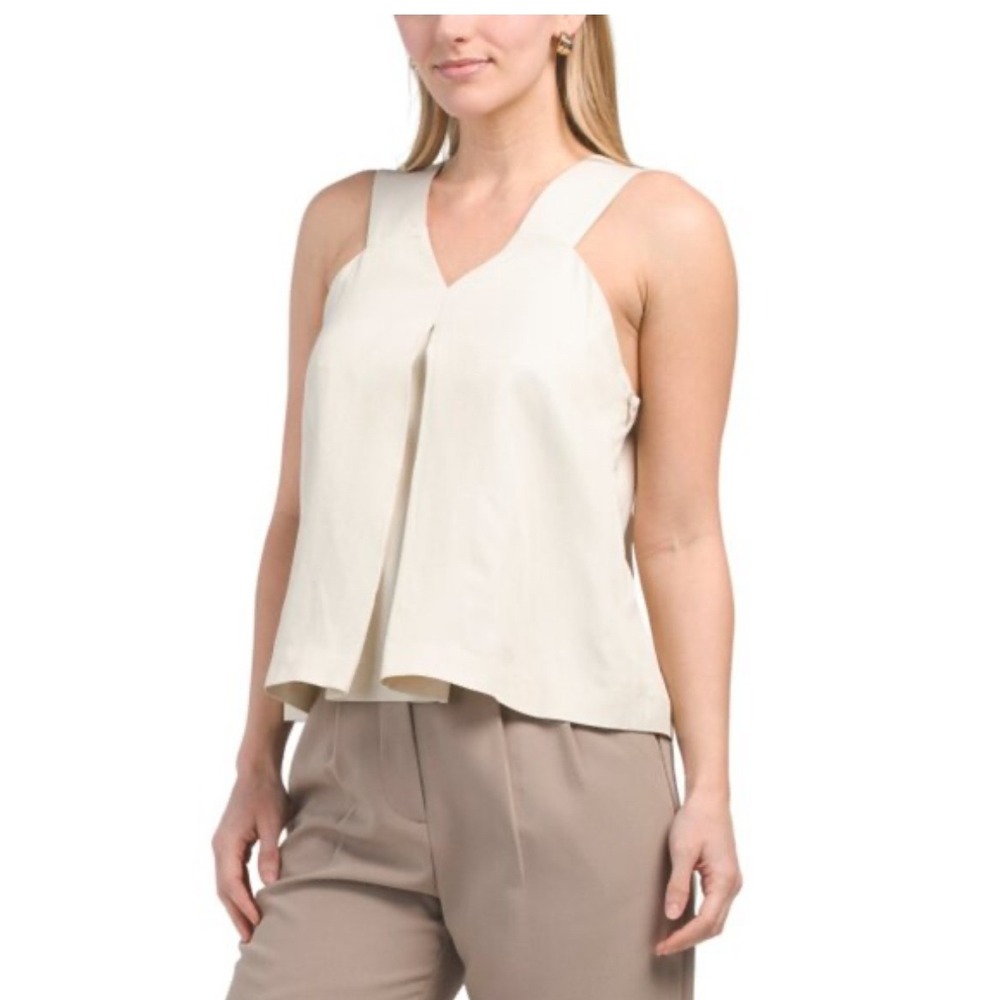 Piazza Sempione Women's Sz 42-6 US Sleeveless Tank Top Cream Pleated‎ V Neck NWT